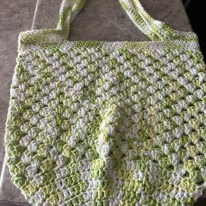 Handmade Green and White Crochet Market Tote Bag